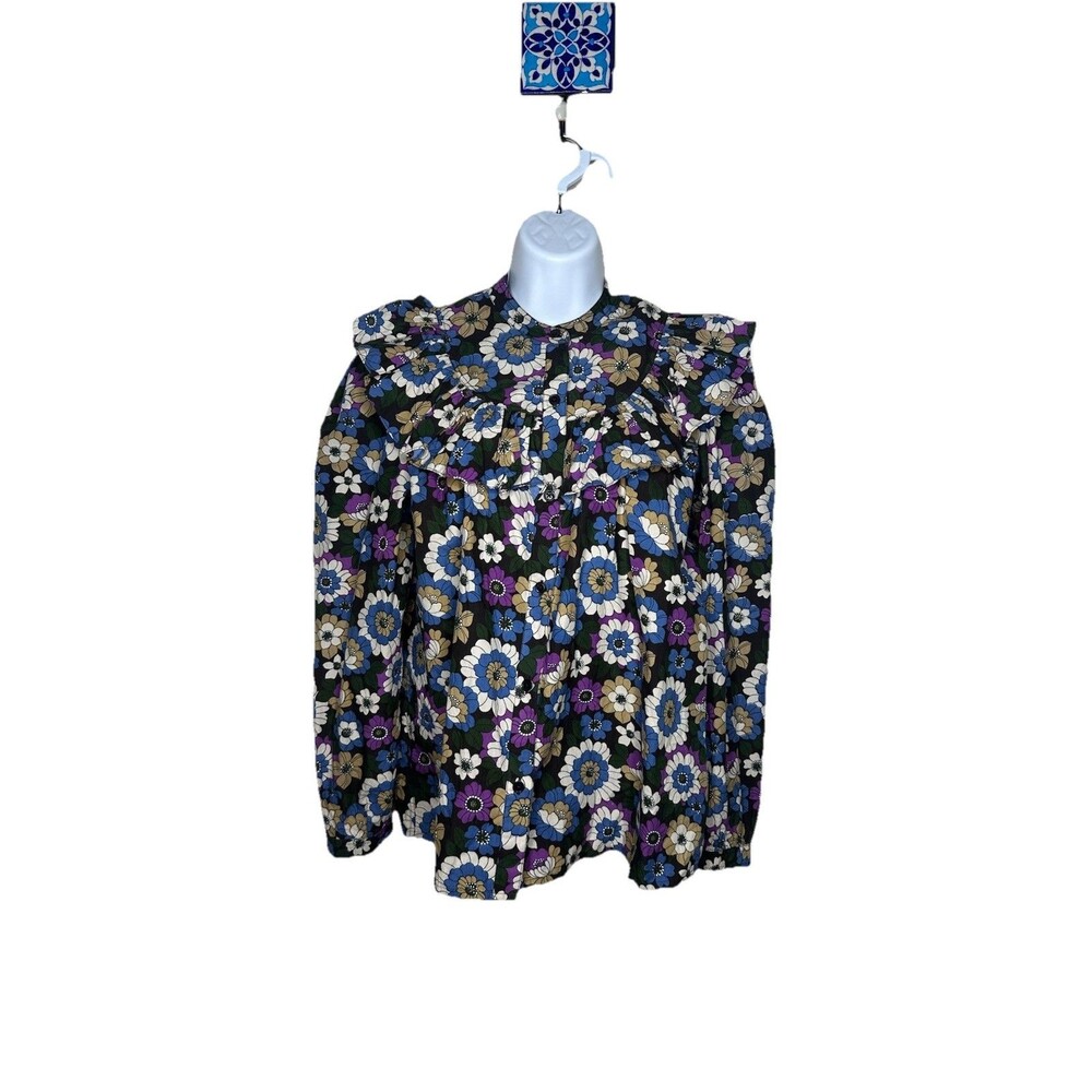 LAURENCE BRAS Paris Cotton FLORAL Cottage Core Ruffle Button Down Top BLOUSE S